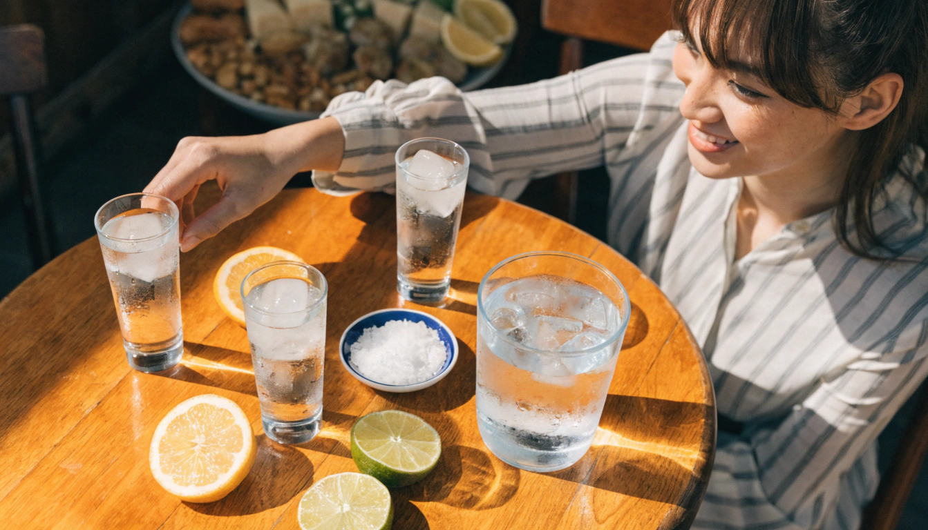 明るい色調で、落ち着いたバーのテーブルを俯瞰気味に写した構図。