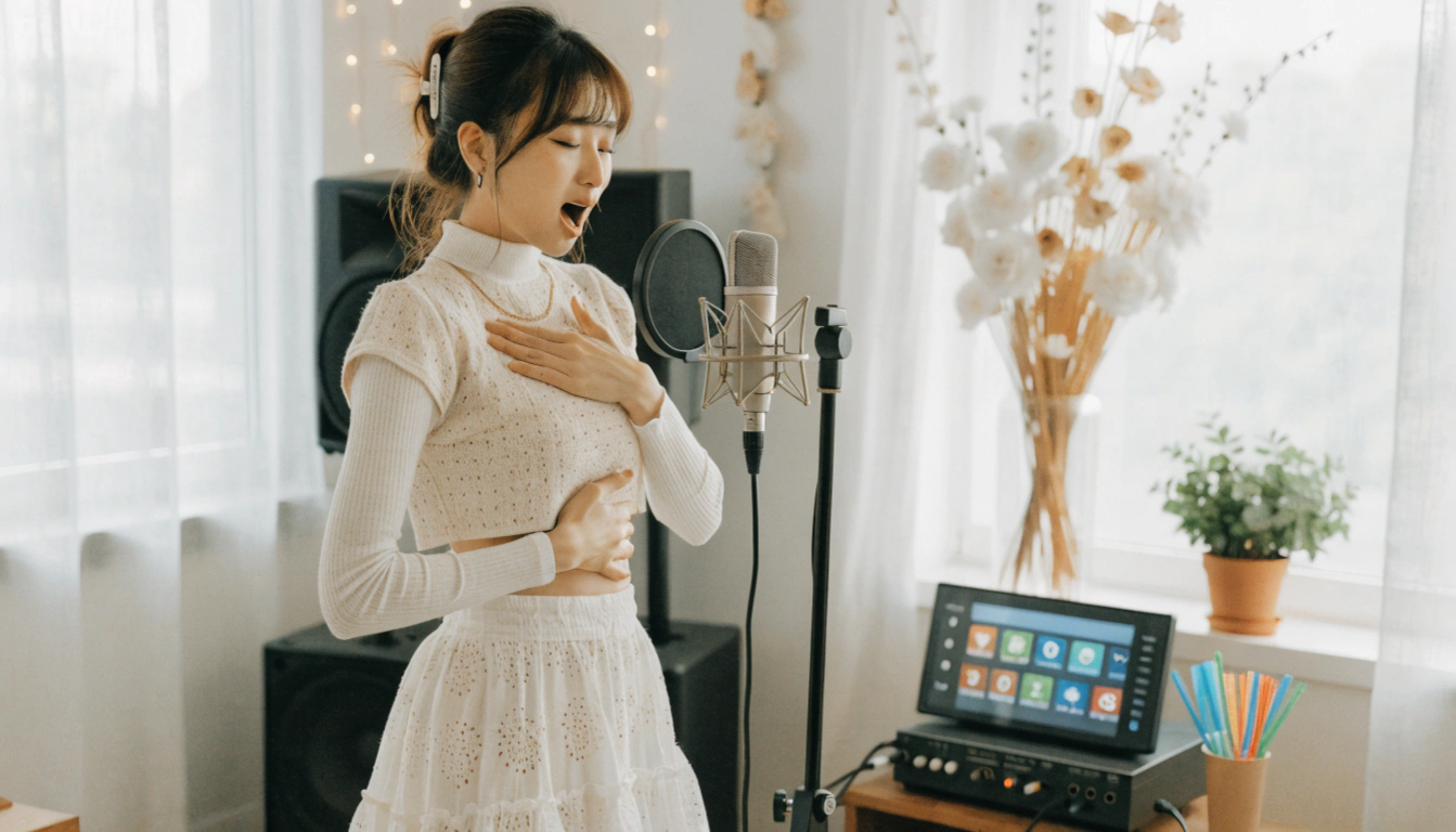 明るい音楽スタジオ風の部屋で、20代の日本人女性がリラックスした表情で立ち、マイクに向かって気持ちよさそうにロングトーンを歌っている様子。