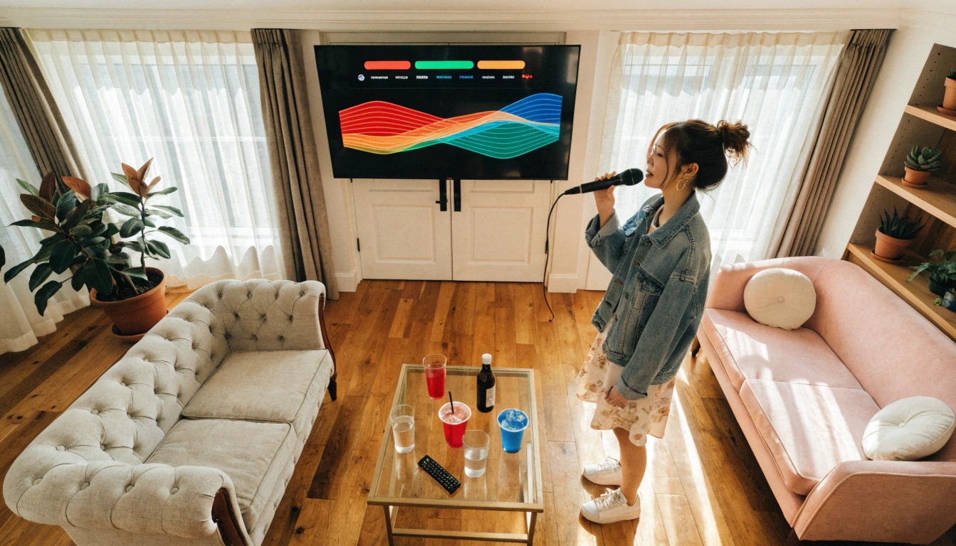 明るい色調で、最新のカラオケボックスの一室を俯瞰気味に捉えた自然な構図。