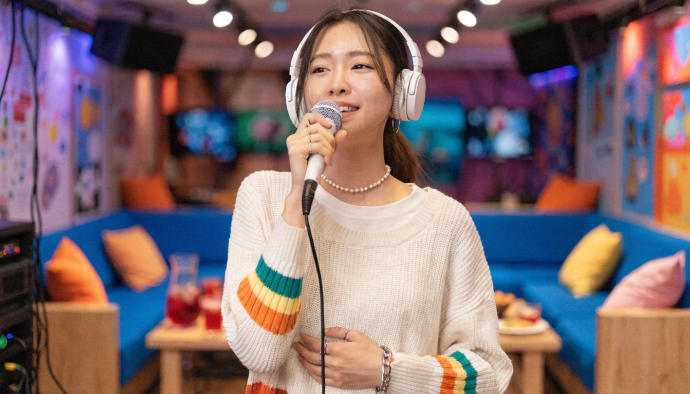 明るいカラオケルームで、20代の日本人女性が気持ちよさそうに一人で歌っている様子。