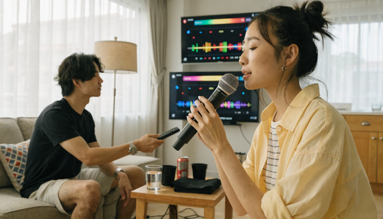 明るい色調で、カラオケボックスの一室。