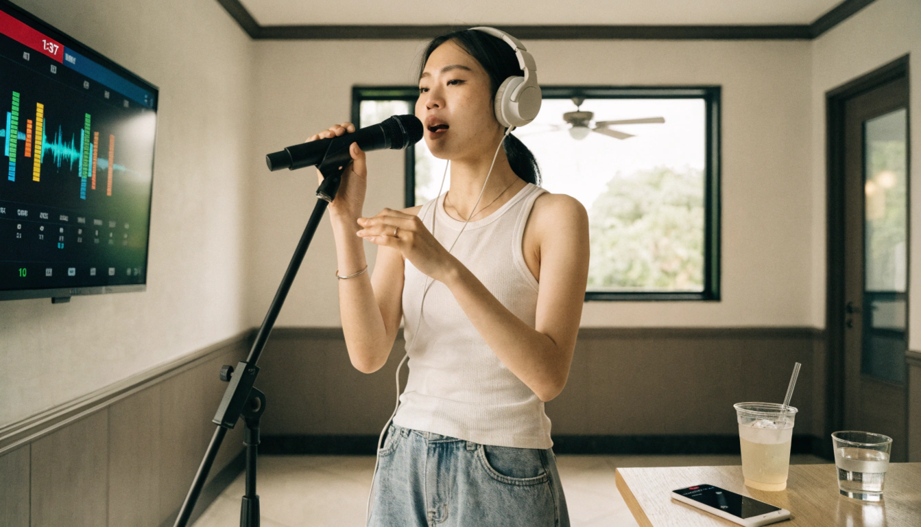 明るい色調のカラオケボックスの一室、マイクを持って歌う20代の日本人女性が、背筋を伸ばして立ち、腹式呼吸を意識している様子。